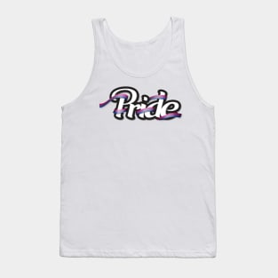 Bisexual pride flag colored ribbon wrapped around the letters of the word PRIDE Tank Top